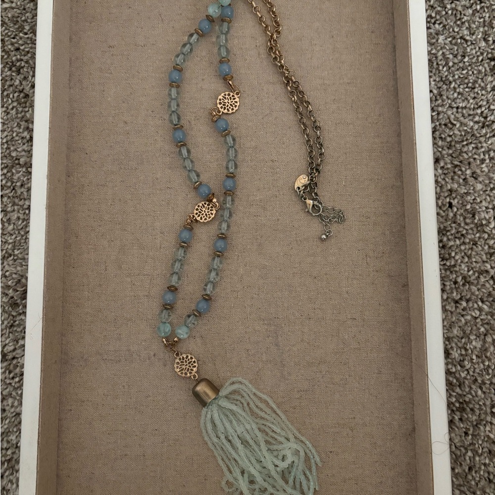Elegant Gold and Blue Beaded Necklace with Tassel